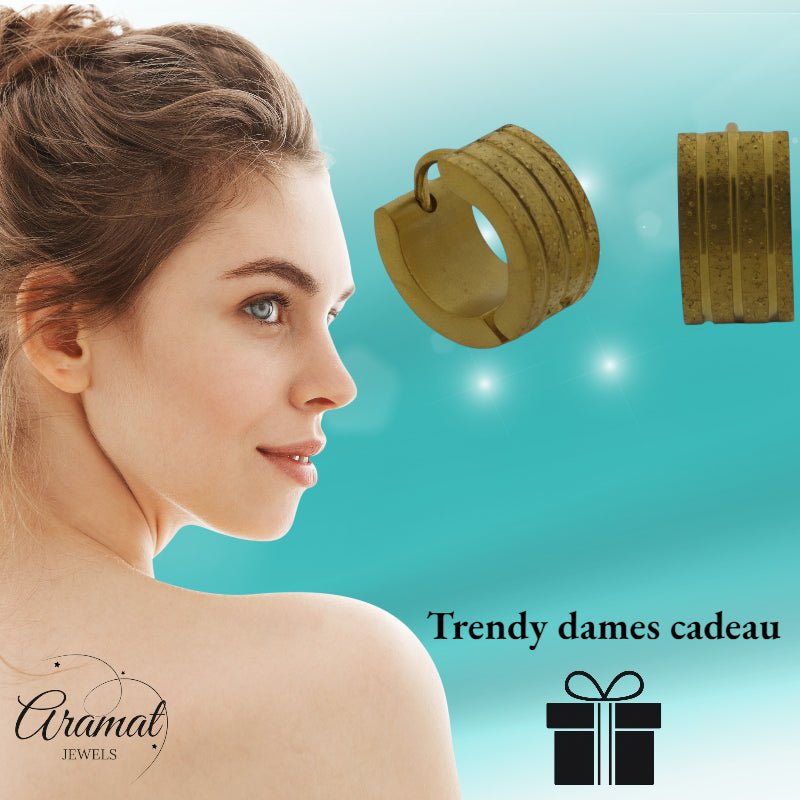 Huggies – Goudkleurig RVS Gediamanteerd met Sandblasted Streepjes - Aramat Jewels - Oorringen - cadeautip