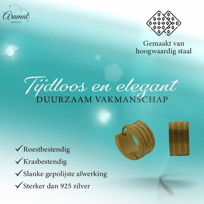 Huggies – Goudkleurig RVS Gediamanteerd met Sandblasted Streepjes - Aramat Jewels - Oorringen - cadeautip