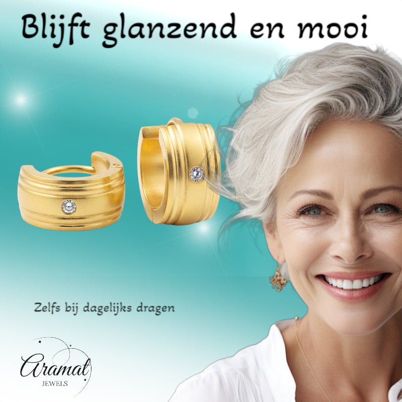Huggies – Goudkleurig RVS met Zirkonia Steentje (13x7mm) - Aramat Jewels - Oorringen - cadeautip