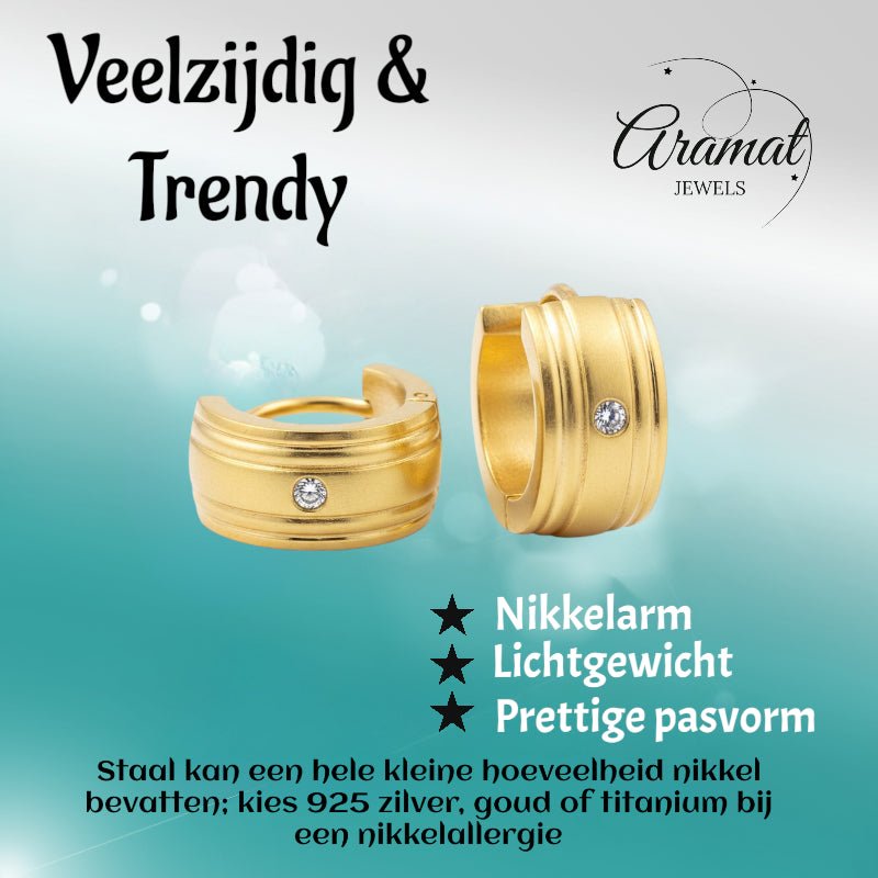 Huggies – Goudkleurig RVS met Zirkonia Steentje (13x7mm) - Aramat Jewels - Oorringen - cadeautip