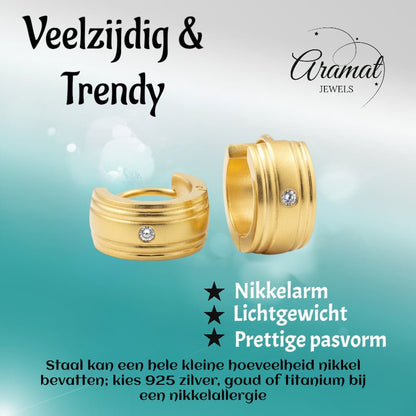 Huggies – Goudkleurig RVS met Zirkonia Steentje (13x7mm) - Aramat Jewels - Oorringen - cadeautip