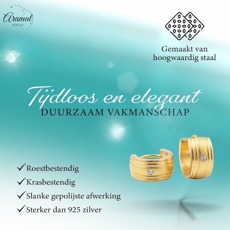 Huggies – Goudkleurig RVS met Zirkonia Steentje (13x7mm) - Aramat Jewels - Oorringen - cadeautip