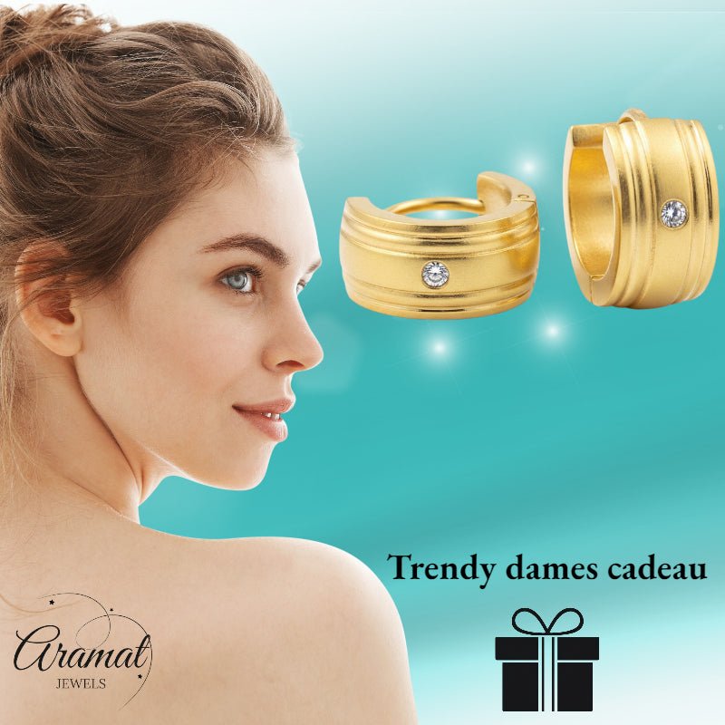 Huggies – Goudkleurig RVS met Zirkonia Steentje (13x7mm) - Aramat Jewels - Oorringen - cadeautip