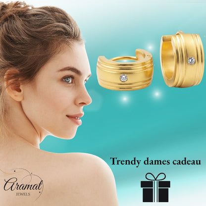 Huggies – Goudkleurig RVS met Zirkonia Steentje (13x7mm) - Aramat Jewels - Oorringen - cadeautip