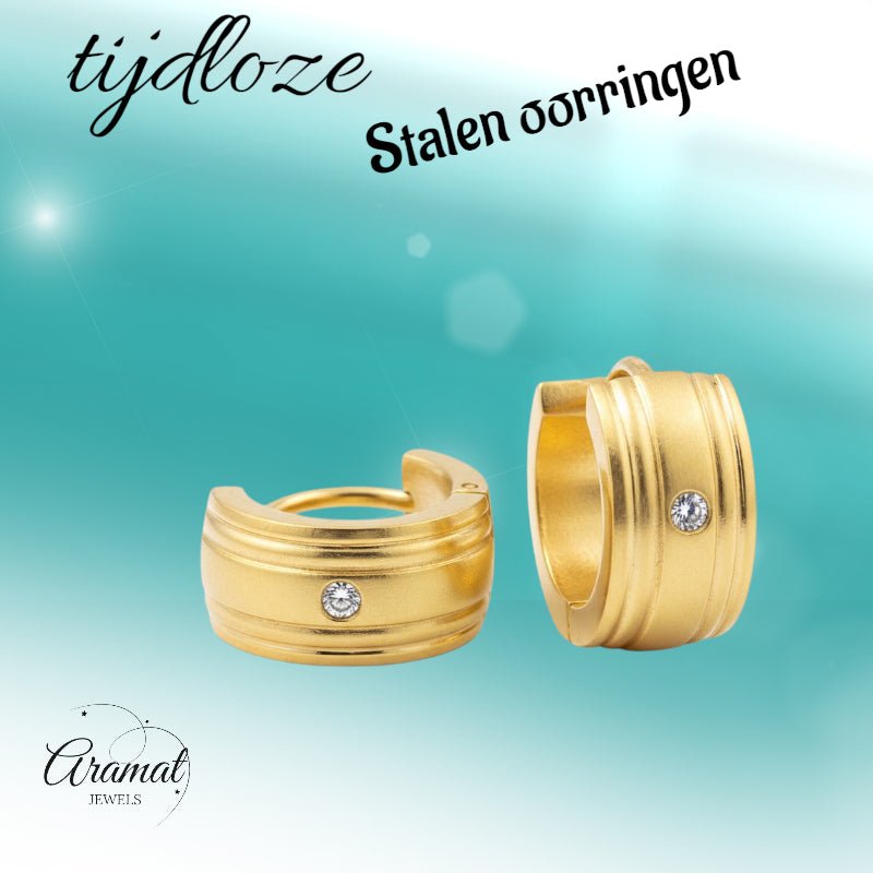 Huggies – Goudkleurig RVS met Zirkonia Steentje (13x7mm) - Aramat Jewels - Oorringen - cadeautip