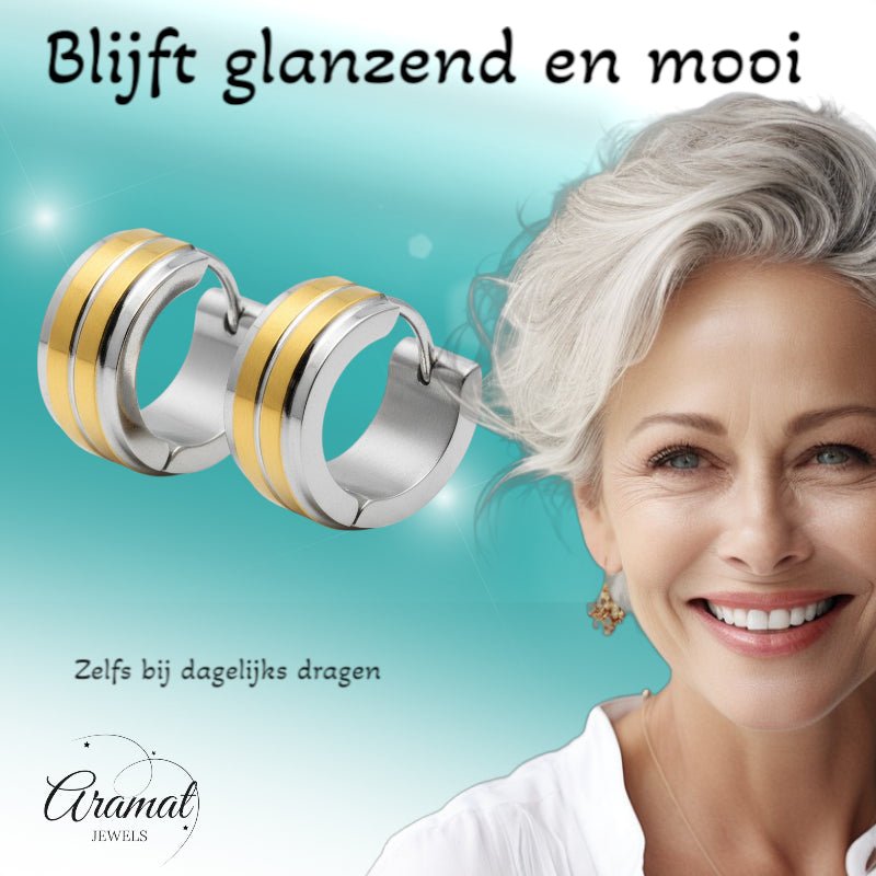 Huggies – RVS Bicolor met Dubbele Goudkleurige Streep (13mm) - Aramat Jewels - Oorringen - cadeautip
