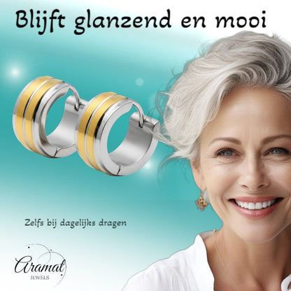 Huggies – RVS Bicolor met Dubbele Goudkleurige Streep (13mm) - Aramat Jewels - Oorringen - cadeautip