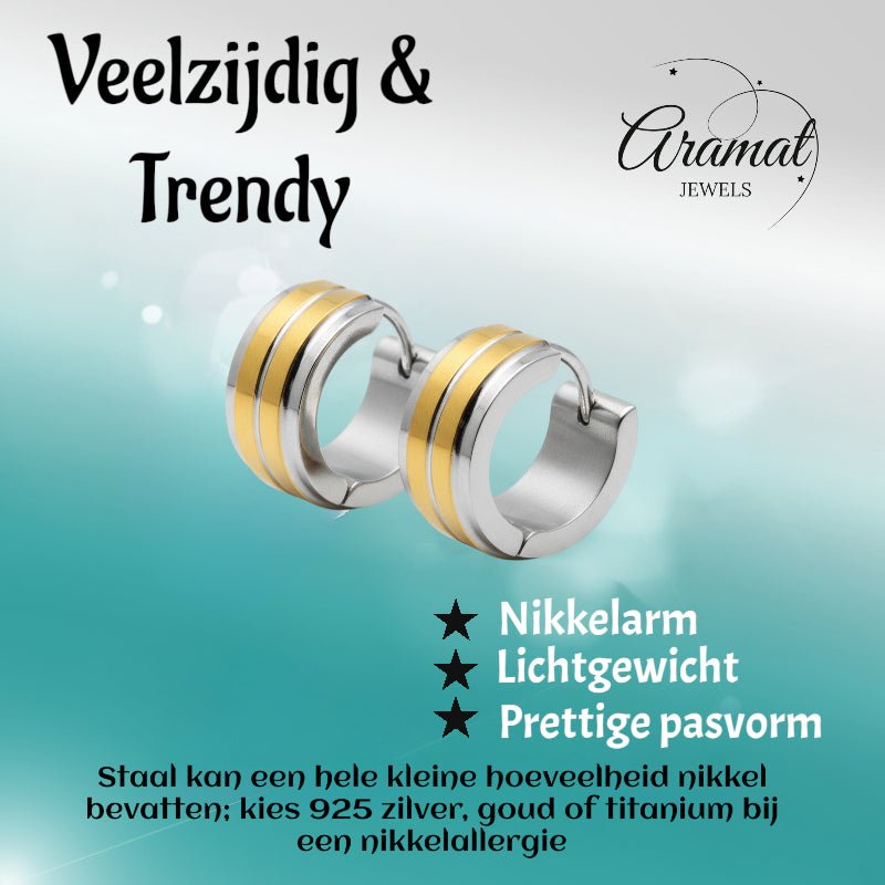 Huggies – RVS Bicolor met Dubbele Goudkleurige Streep (13mm) - Aramat Jewels - Oorringen - cadeautip