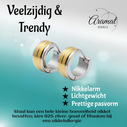 Huggies – RVS Bicolor met Dubbele Goudkleurige Streep (13mm) - Aramat Jewels - Oorringen - cadeautip