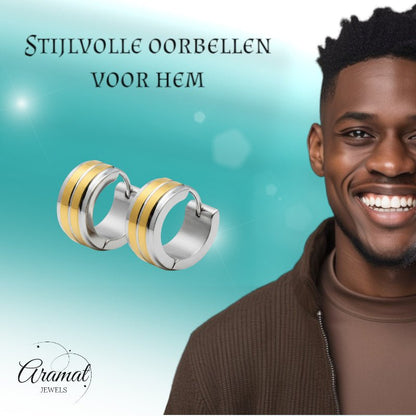 Huggies – RVS Bicolor met Dubbele Goudkleurige Streep (13mm) - Aramat Jewels - Oorringen - cadeautip