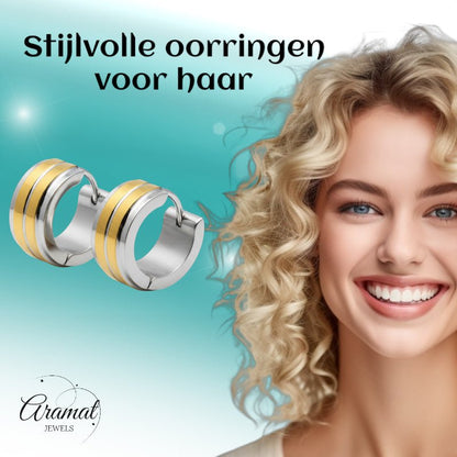 Huggies – RVS Bicolor met Dubbele Goudkleurige Streep (13mm) - Aramat Jewels - Oorringen - cadeautip