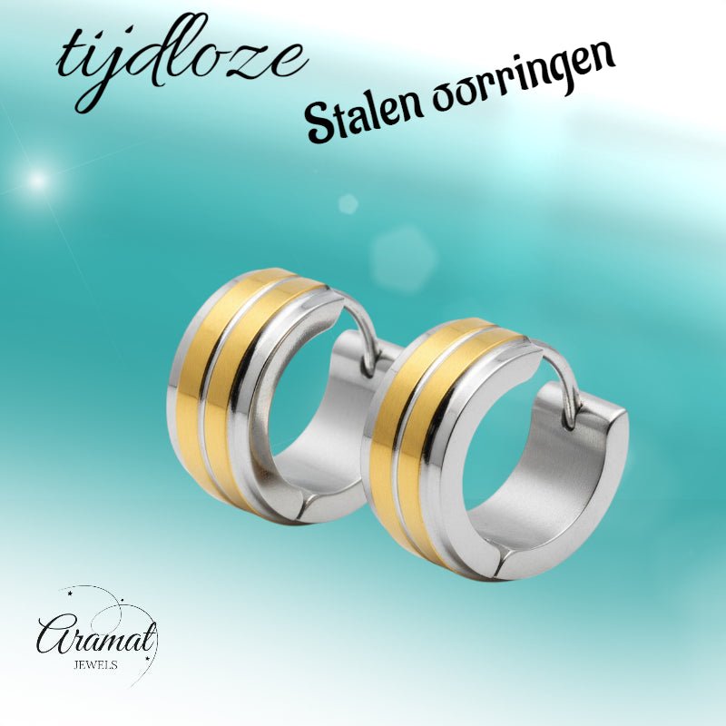 Huggies – RVS Bicolor met Dubbele Goudkleurige Streep (13mm) - Aramat Jewels - Oorringen - cadeautip