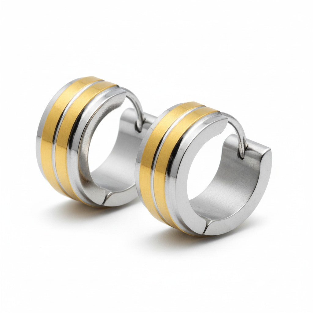 Huggies – RVS Bicolor met Dubbele Goudkleurige Streep (13mm) - Aramat Jewels - Oorringen - cadeautip