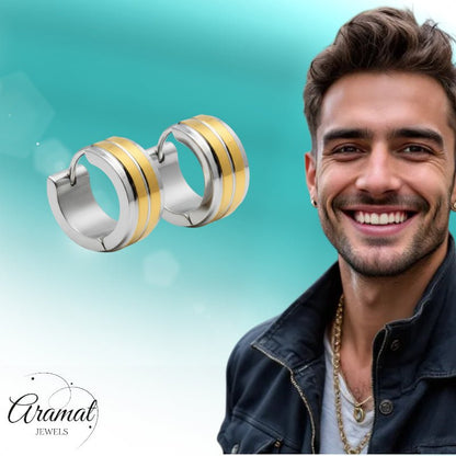 Huggies – RVS Bicolor met Dubbele Goudkleurige Streep (13mm) - Aramat Jewels - Oorringen - cadeautip