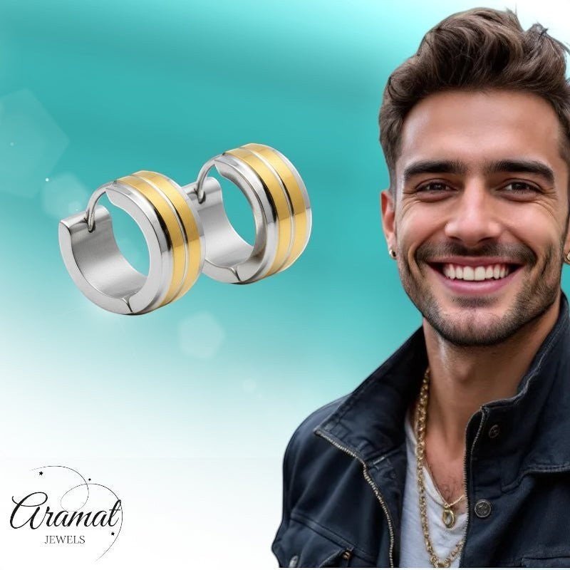 Huggies – RVS Bicolor met Dubbele Goudkleurige Streep (13mm) - Aramat Jewels - Oorringen - cadeautip