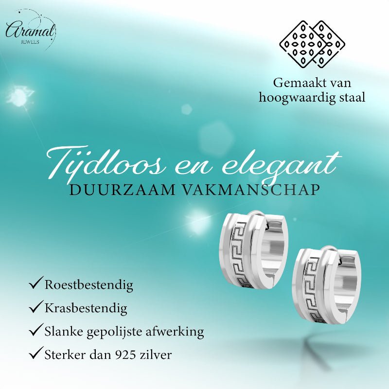 Huggies – RVS Zilverkleur met Grieks Design (13mm) - Aramat Jewels - Oorringen - cadeautip
