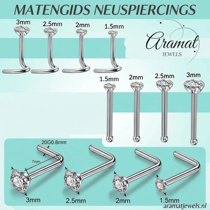 Aramat Jewels maattabel voor zilveren neuspiercings met kristalsteentjes in diverse formaten van 1.5mm tot 3mm.