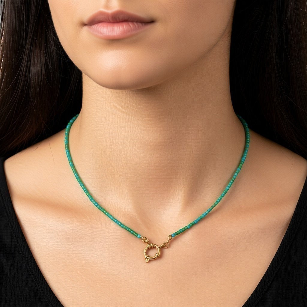 Goudkleurige Kralen Bedelketting Blauw Groen Rocailles RVS 42cm Dames