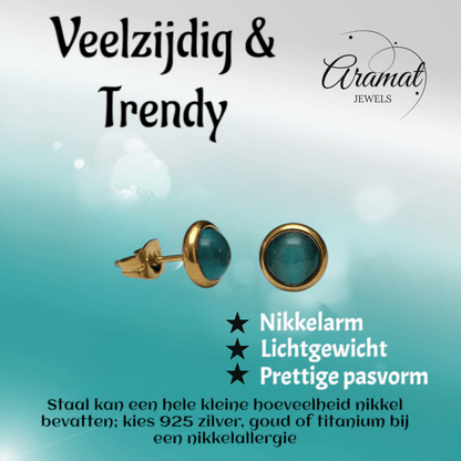 Kattenoog Oorbellen 8mm – Blauw/Groen Goudkleurig - Aramat Jewels - Oorbellen - cadeautip