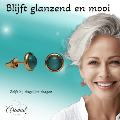 Kattenoog Oorbellen 8mm – Blauw/Groen Goudkleurig - Aramat Jewels - Oorbellen - cadeautip