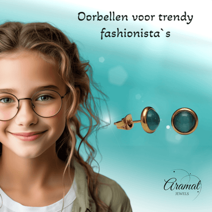 Kattenoog Oorbellen 8mm – Blauw/Groen Goudkleurig - Aramat Jewels - Oorbellen - cadeautip