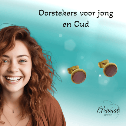 Kattenoog Oorbellen 8mm – Roze - Goudkleurig - Aramat Jewels - Oorbellen - cadeautip