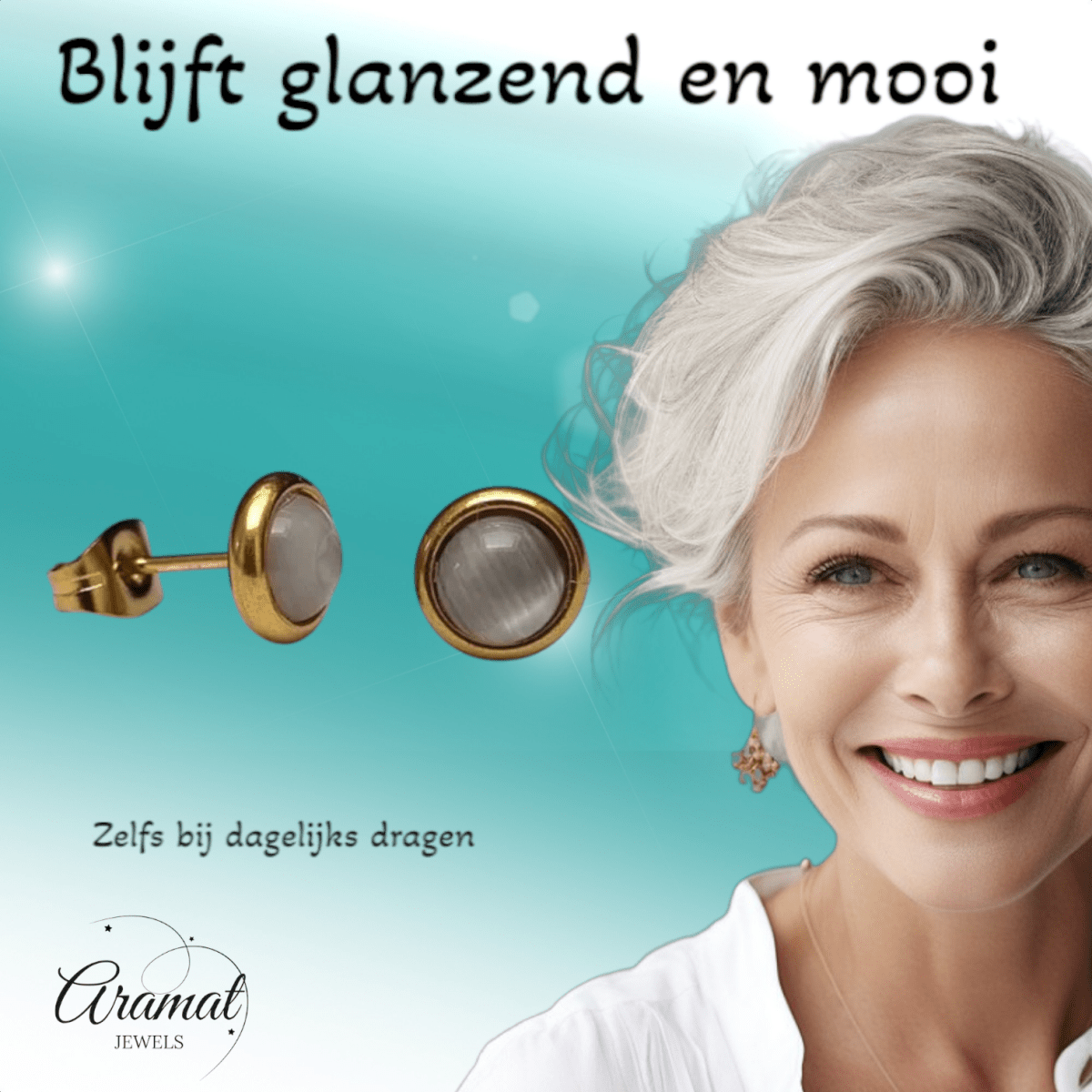 Kattenoog Oorbellen 8mm – Wit - Goudkleurig - Aramat Jewels - Oorbellen - cadeautip