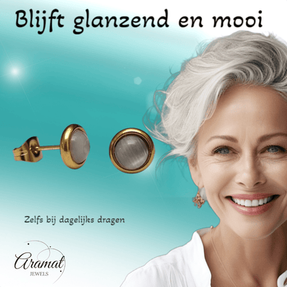 Kattenoog Oorbellen 8mm – Wit - Goudkleurig - Aramat Jewels - Oorbellen - cadeautip