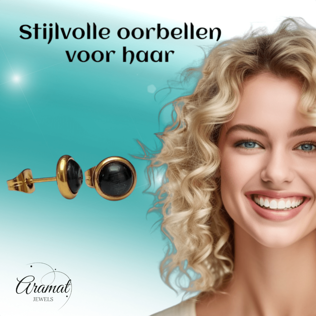 Kattenoog Oorbellen 8mm – Zwart Goudkleurig - Aramat Jewels - Oorbellen - cadeautip