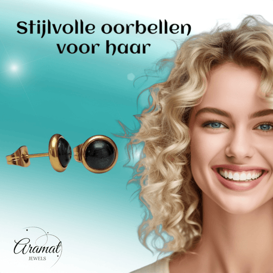 Kattenoog Oorbellen 8mm – Zwart Goudkleurig - Aramat Jewels - Oorbellen - cadeautip