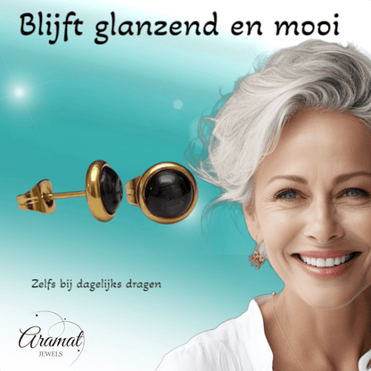 Kattenoog Oorbellen 8mm – Zwart Goudkleurig - Aramat Jewels - Oorbellen - cadeautip
