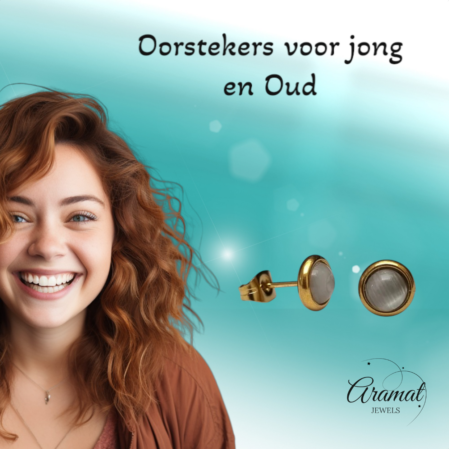 Kattenoog Oorbellen 8mm – Wit - Goudkleurig