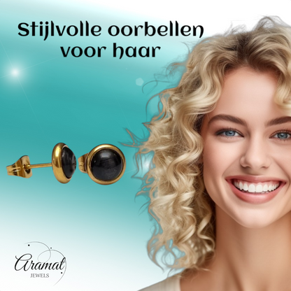 Kattenoog Oorbellen 8mm – Zwart Goudkleurig