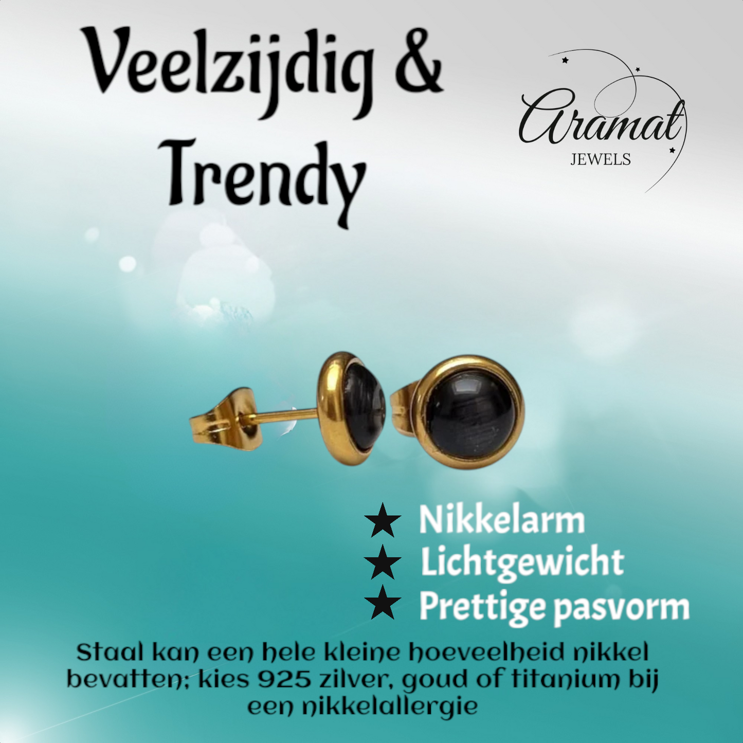 Kattenoog Oorbellen 8mm – Zwart Goudkleurig