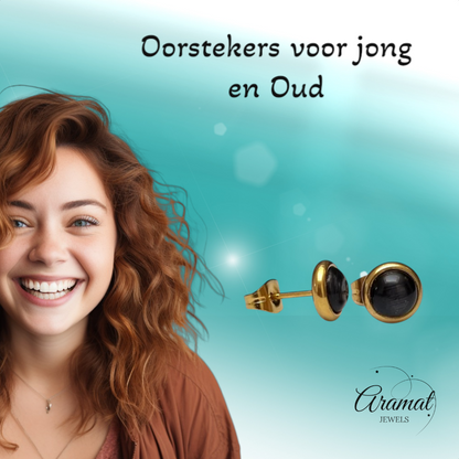 Kattenoog Oorbellen 8mm – Zwart Goudkleurig
