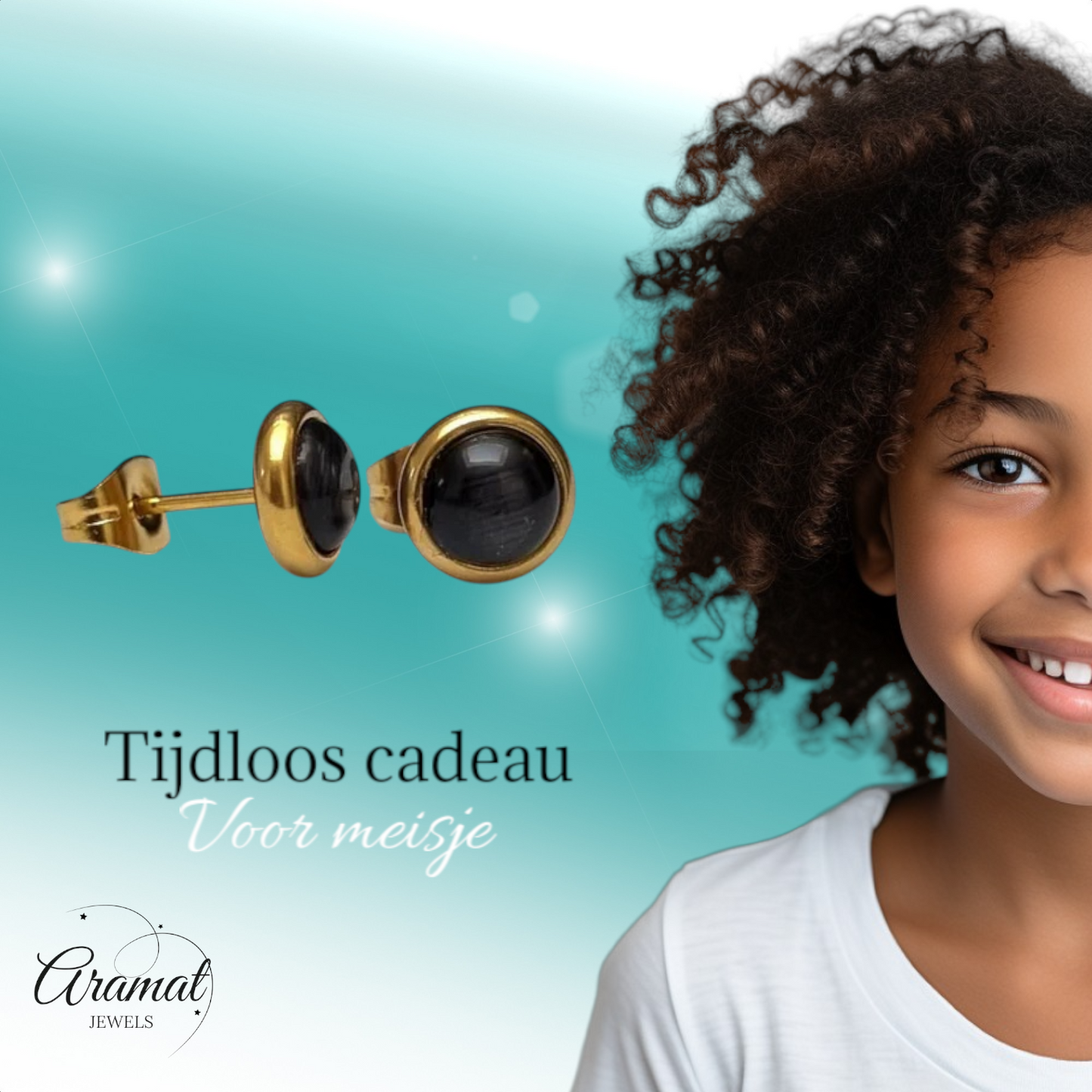 Kattenoog Oorbellen 8mm – Zwart Goudkleurig