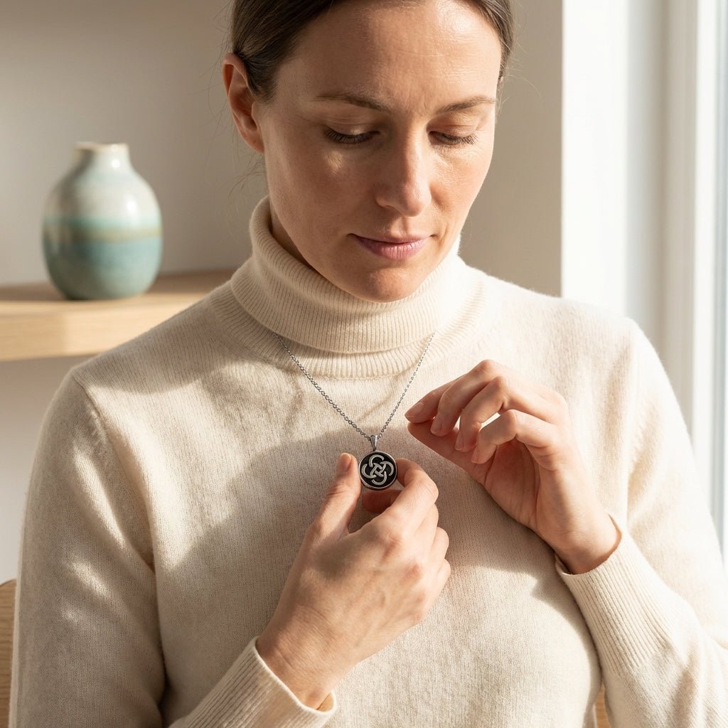 Keltisch ronde as - hanger staal met zwarte knoop - Aramat Jewels - Gedenkhangers - cadeautip