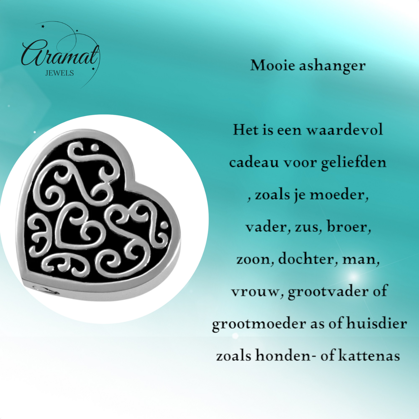 Versierd stalen as-hartje zwart emaille 2cm