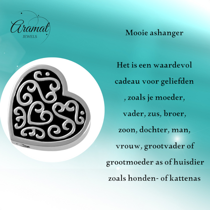 Versierd stalen as-hartje zwart emaille 2cm