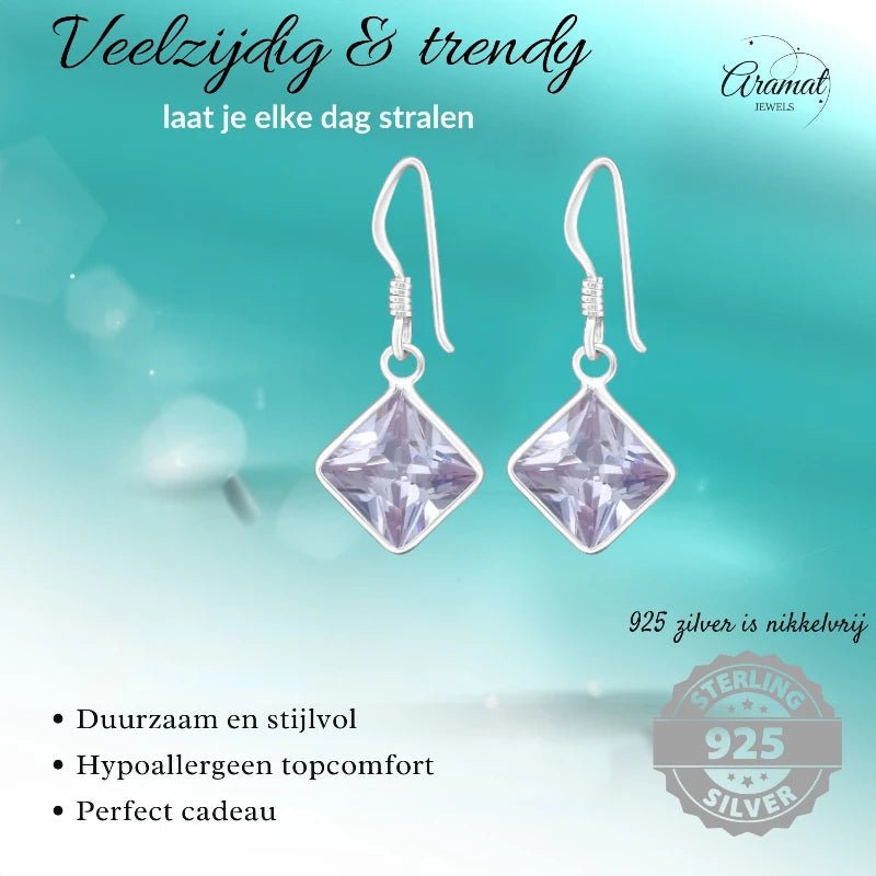 Kinder Oorhangers Lila 925 Zilver – Vierkant Steentje - oor5322 - 444 - Oorhangers kopen# - 18mm - 925 Zilver - alles