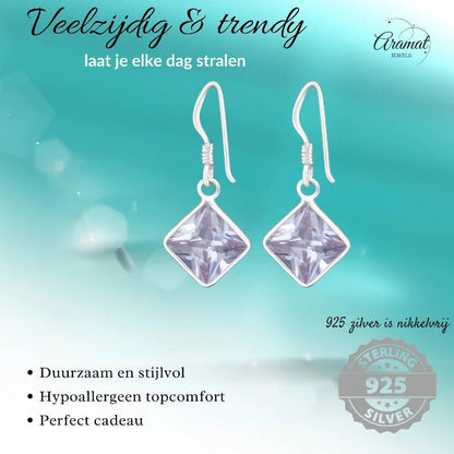 Kinder Oorhangers Lila 925 Zilver – Vierkant Steentje - oor5322 - 444 - Oorhangers kopen# - 18mm - 925 Zilver - alles