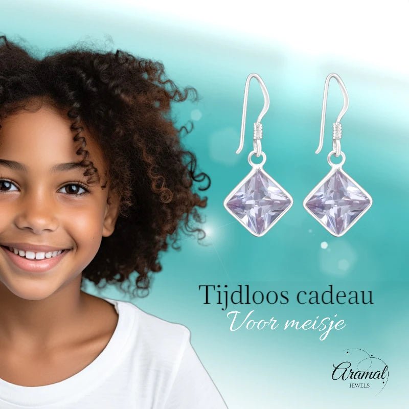 Kinder Oorhangers Lila 925 Zilver – Vierkant Steentje - oor5322 - 444 - Oorhangers kopen# - 18mm - 925 Zilver - alles