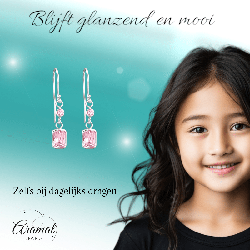 Kinder Oorhangers Roze Zirkonia - 925 Zilver - oor2465 - 27701 - Oorhangers kopen# - 25mm - 925 Zilver - alles