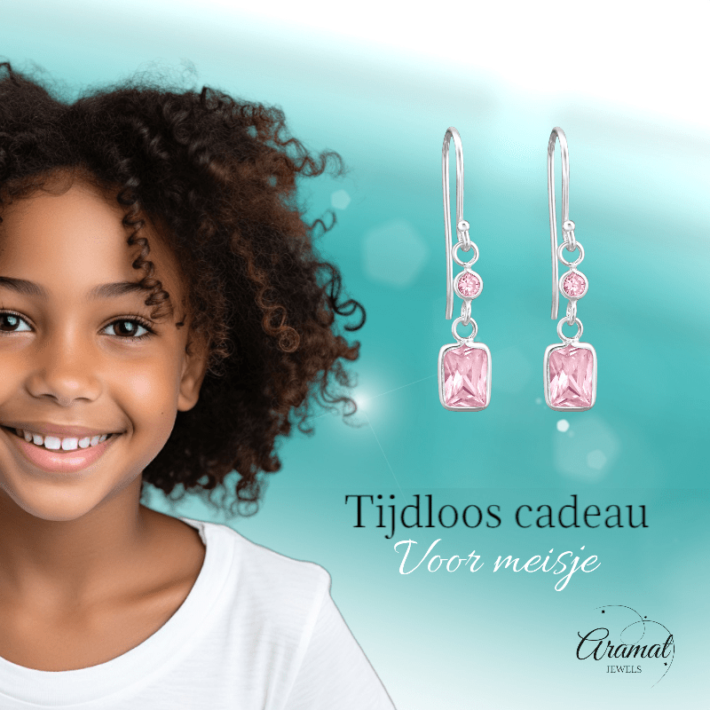 Kinder Oorhangers Roze Zirkonia - 925 Zilver - oor2465 - 27701 - Oorhangers kopen# - 25mm - 925 Zilver - alles