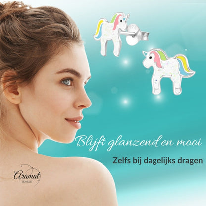 Kinderoorbellen Zilver - Eenhoorn Pastelkleuren - Aramat Jewels - Oorbellen - cadeautip