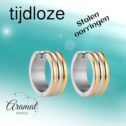 Klapcreolen – RVS Bicolor Goudkleur & Zilverkleur Strepen (13mm) - Aramat Jewels - Oorringen - cadeautip