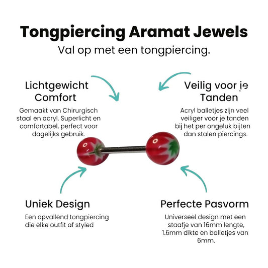 Aramat Jewels steel tongue piercing with a red, white, and green acrylic weed leaf design on the balls.