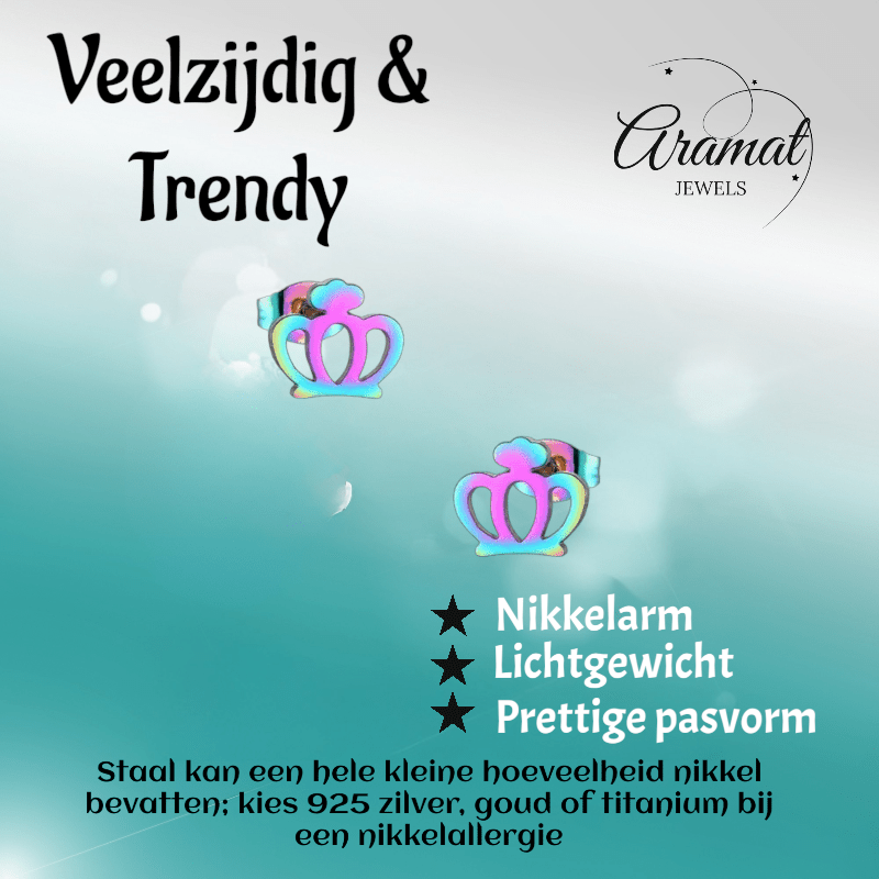 Kleurrijke RVS Kroontjes Oorbellen – Multikleur (9mm) - Aramat Jewels - Oorbellen - cadeautip
