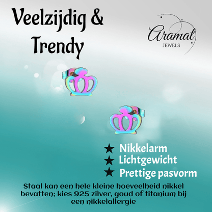 Kleurrijke RVS Kroontjes Oorbellen – Multikleur (9mm) - Aramat Jewels - Oorbellen - cadeautip