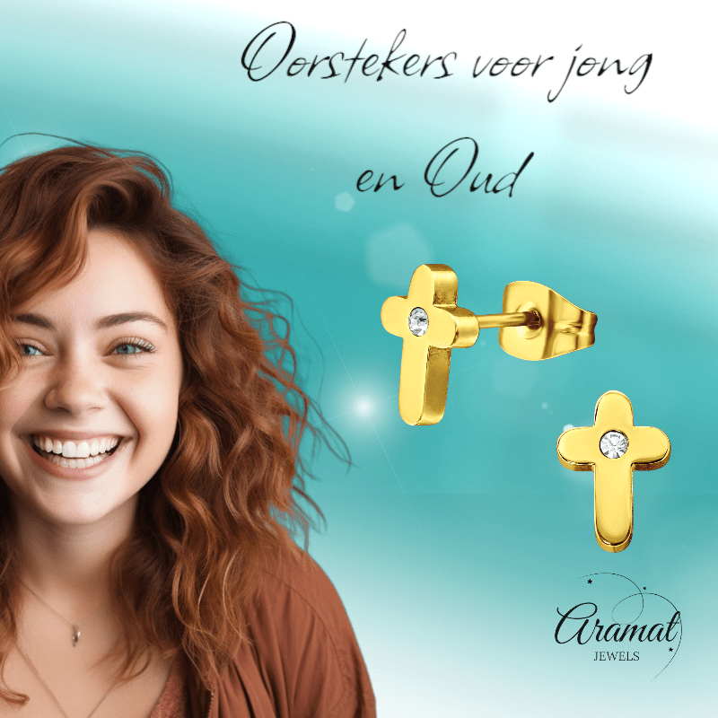 Kruis Oorbellen Goudkleur met Steentje 9x6mm - Aramat Jewels - Oorbellen - cadeautip